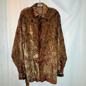 Vtg Bergati Burnout Velvet Damask Button Down Shirt L/S Brown Gold L Hippie Boho